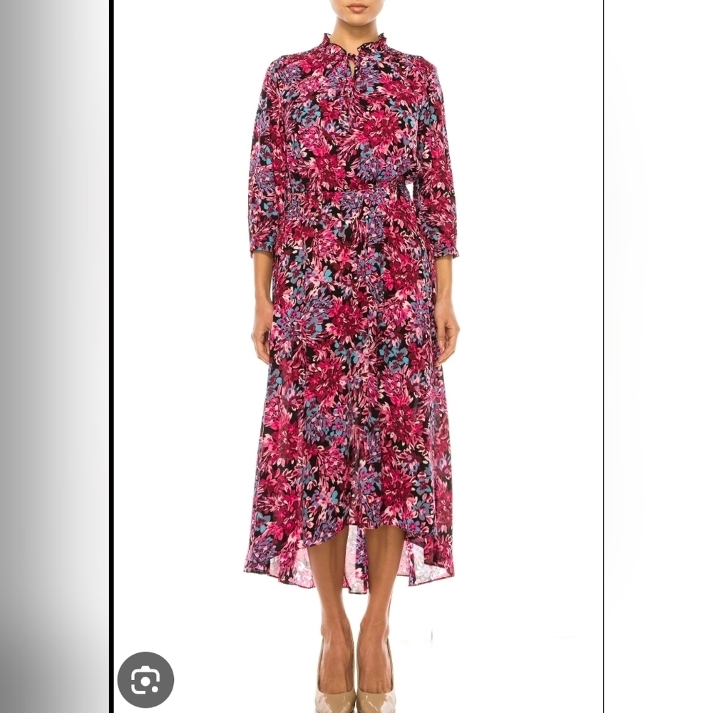 Nanette Lepore High Low Floral Pink Long Sleeves Dress Cottagecore Bohemian